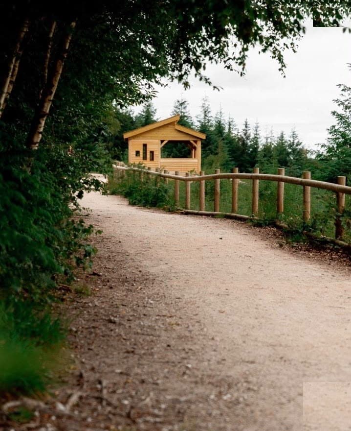 The timber shelter seen from the approach path through the forest at Haldon Forest Park