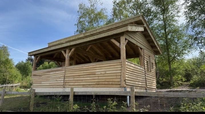 Side view of the timber-framed visitor shelter at Haldon Forest Park, Devon, built for Forestry England, showing the full timber frame and shingled roof against surrounding woodland